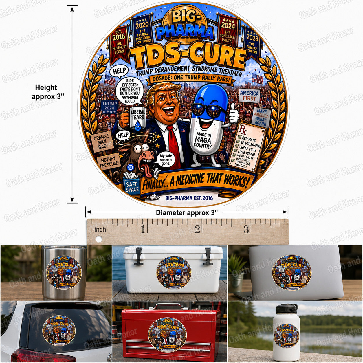 Trump TDS-Cure Political Parody 3" Round Decal or Magnet MAGA Novelty